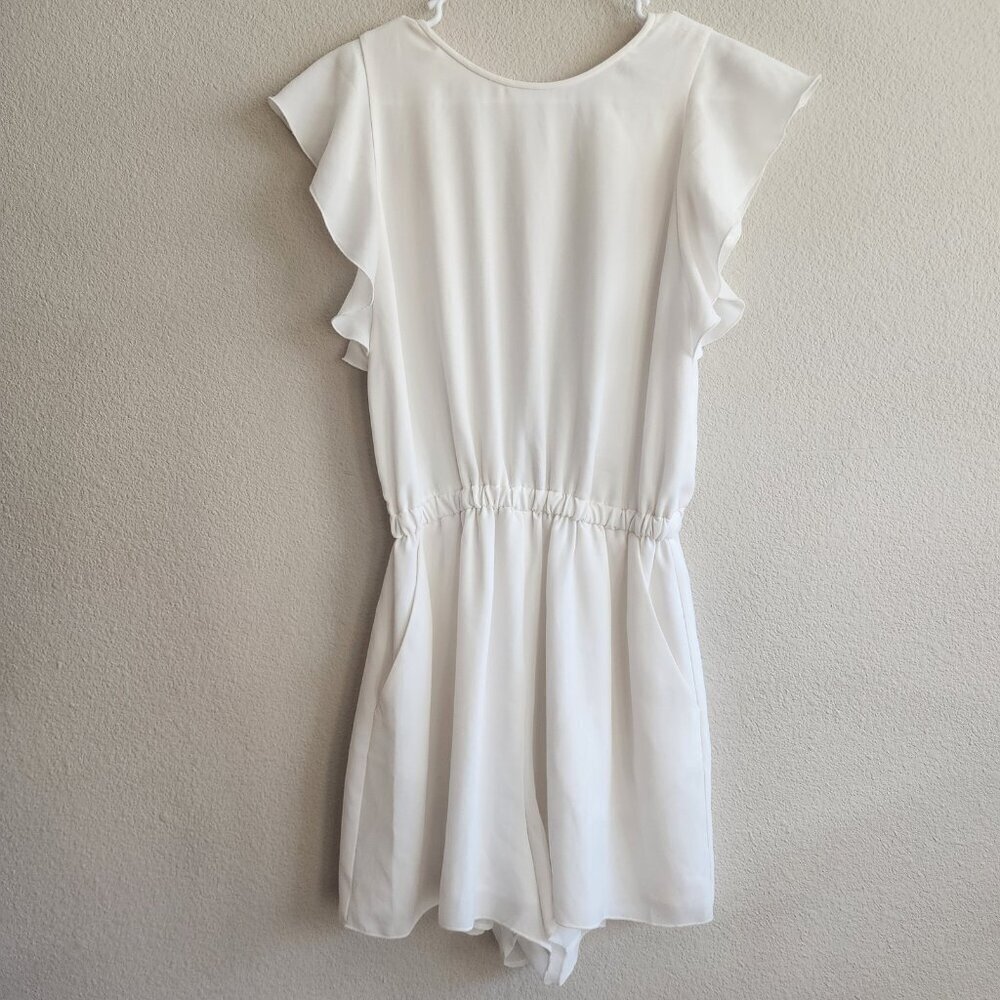 Wilfred Romper Womens Small White Ruffle Sleeve Belted Back Tie Pocket Polyester